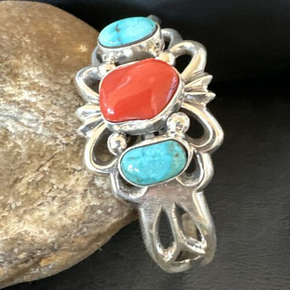 Kingman Turquoise Coral Cuff Bracelet | Navajo Tufa Cast | Sterling Silver | Authentic Native American Handmade | 16406