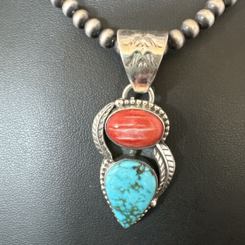 Navajo Blue Turquoise Red Spiny Oyster Pendant Necklace | Sterling Silver | Multi-Stone | 16291