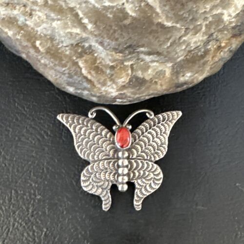 Navajo Butterfly Red Coral Pin Pendant | Sterling Silver | 1.25" | Authentic Native American Handmade | 15235