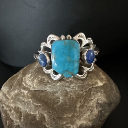 Kingman Turquoise Lapis Cuff Bracelet | Navajo Sterling Silver Tufa Cast | Authentic Native American Handmade | 16781