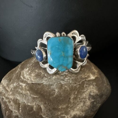 Kingman Turquoise Lapis Cuff Bracelet | Navajo Sterling Silver Tufa Cast | Authentic Native American Handmade | 16781