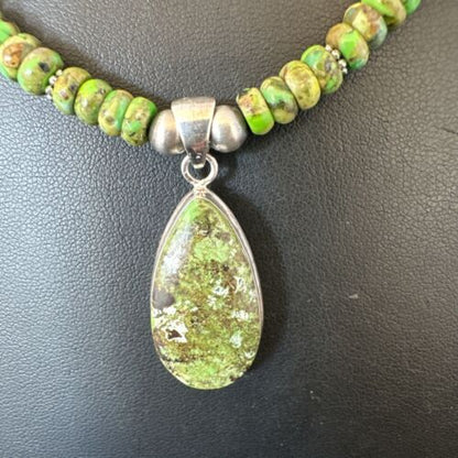 Navajo Green Turquoise Pendant Necklace | Sterling Silver Pearls | Authentic Native American Handmade | 16234