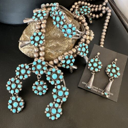 Ultra Rare Old Pawn Kingman Turquoise Squash Blossom Set | Necklace, Bracelet, Pendant, Earrings | Navajo | 15921