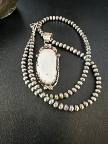 Navajo White Buffalo Turquoise Pendant Necklace | Sterling Silver | Authentic Native American Handmade | 15616