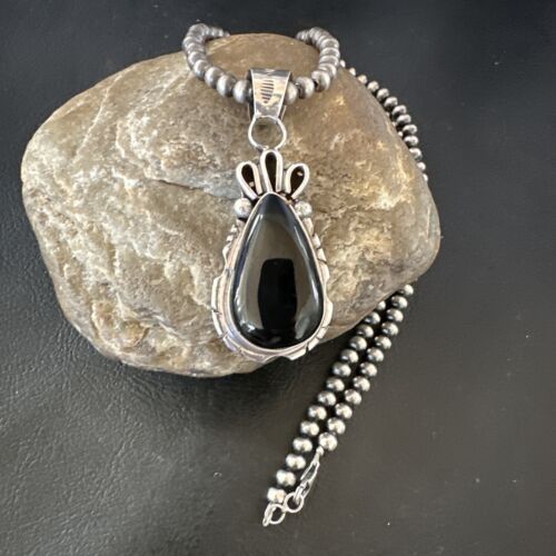 Men's Navajo Pearls Black Onyx Necklace Pendant | Sterling Silver | Authentic Native American Handmade | 16530