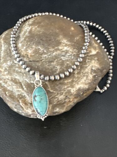 Navajo Pearls Kingman Turquoise Pendant Necklace | Sterling Silver | Authentic Native American Handmade | 14896