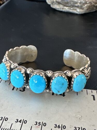 Navajo Blue Kingman Turquoise Cuff Bracelet | Sterling Silver | 5 Stone Design | Women's Jewelry | Authentic Native American Handmade