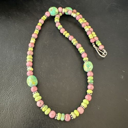 Navajo Green Turquoise Rhodochrosite Necklace | Sterling Silver | Authentic Native American Handmade | 20" | 17492