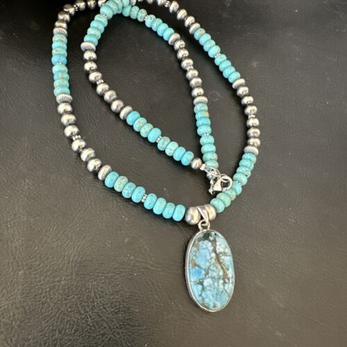 Navajo Men's Blue Spiderweb Turquoise Pendant Necklace | Sterling Silver | Authentic Native American Handmade | 17115 - Masha USA