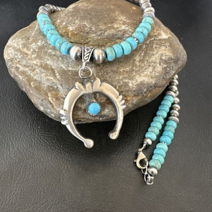 Navajo Blue Turquoise Naja Pendant Necklace | Sterling Silver | Authentic Native American Handmade | 17250 - Masha USA