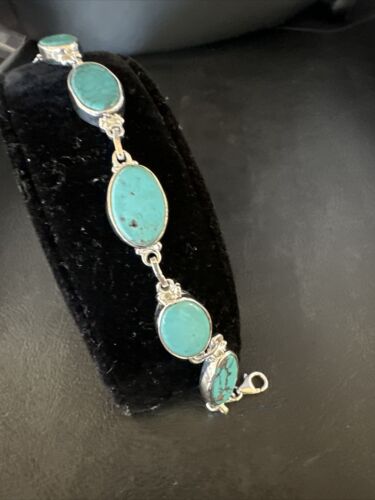 Navajo Blue Turquoise Link Bracelet | Sterling Silver | 8" | Authentic Native American Handmade | 15466