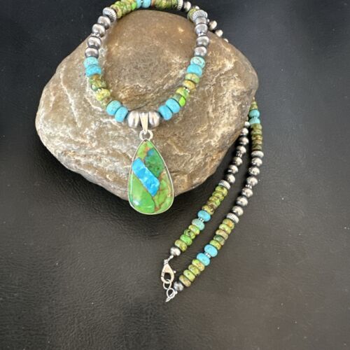 Navajo Blue Green Mojave Turquoise Pendant | Sterling Silver Pearl Necklace | Authentic Native American Handmade | 16923