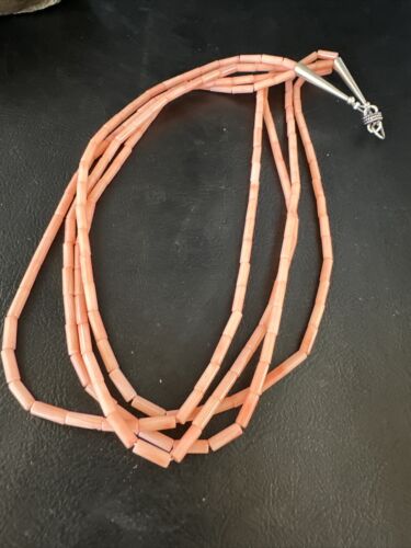 Pink Coral Tube Heishi Bead Necklace | 4 Strand Navajo Sterling Silver | 18" | 15279