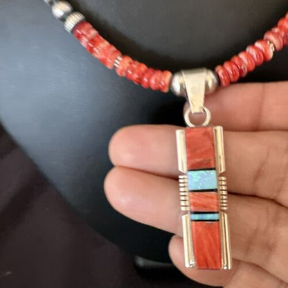Red Spiny Oyster Opal Inlay Pendant Necklace | Navajo Sterling Silver | 16886