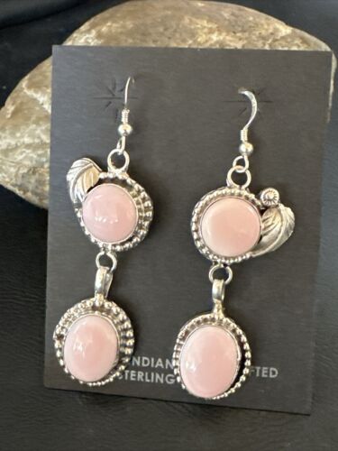 Navajo Pink Queen Conch Shell Dangle Earrings | Sterling Silver | Authentic Native American Handmade | 17216