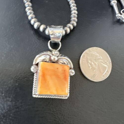 Navajo Orange Spiny Oyster Pendant Necklace | Sterling Silver | 20" | Authentic Native American Handmade | 16141