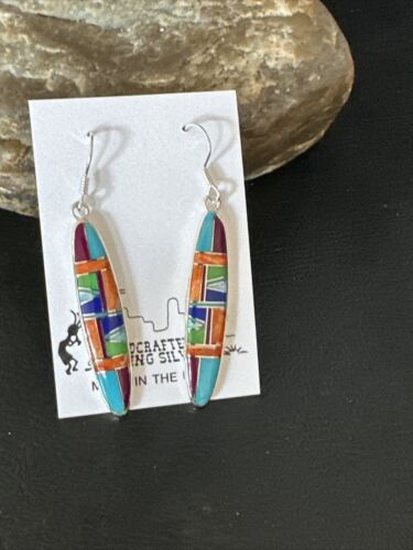 Southwestern Sterling Silver Multi-Color Turquoise Lapis Inlay Earrings | Authentic Native American Handmade | 14937