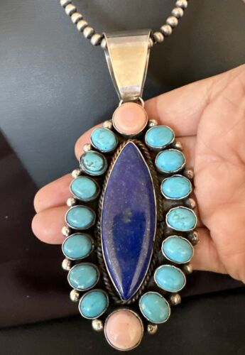 Navajo Multi-Stone Necklace | Lapis, Pink, Blue Turquoise | Sterling Silver | Authentic Native American Handmade | 17455