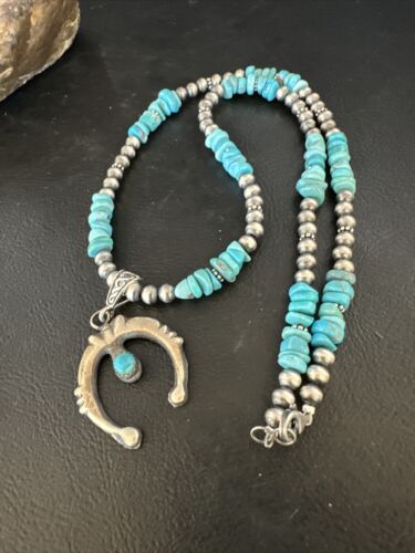 Navajo Kingman Turquoise Naja Pendant Necklace | Sterling Silver | Native American Handmade | 14834