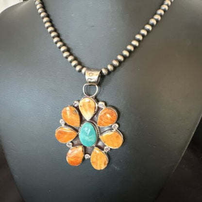 Navajo Blue Turquoise | Spiny Oyster Pendant Necklace | Sterling Silver | Multi-Stone | 16863