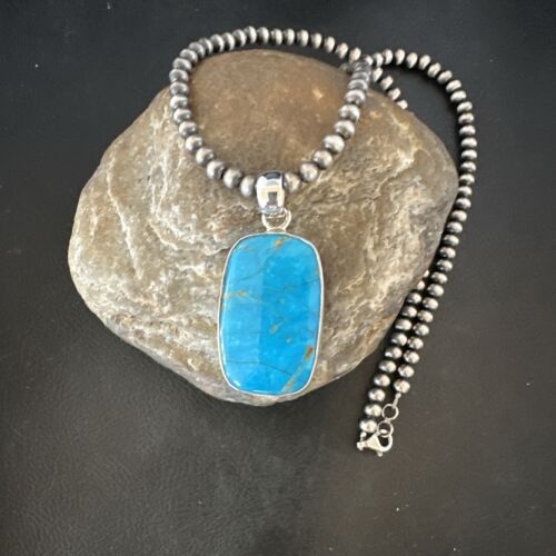 Blue Kingman Turquoise Pendant | Navajo Pearls | Sterling Silver Necklace 20" | 16996