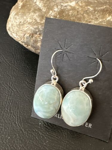 Navajo Blue Larimar Dangle Earrings | Sterling Silver | Authentic Native American Handmade | 17297