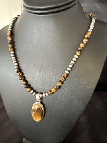 Navajo Coffee Tiger's Eye Pendant Necklace | Sterling Silver | 26" | Authentic Native American Handmade | 14886
