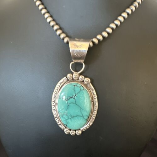 Men's Blue Spiderweb Turquoise Pendant Necklace | Navajo Sterling Silver | Authentic Native American Handmade | 17124