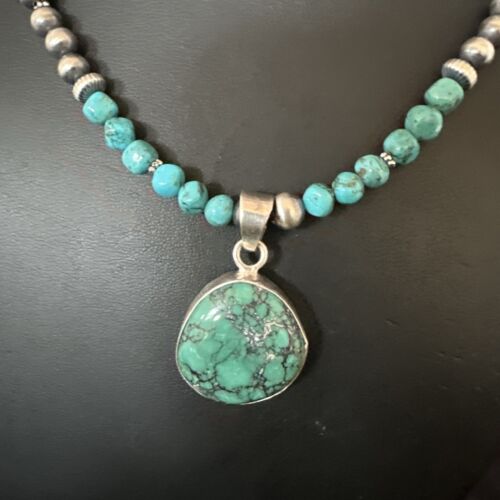 Men's Blue Spiderweb Turquoise Pendant Necklace | Navajo Sterling Silver | Authentic Native American Handmade | 17086