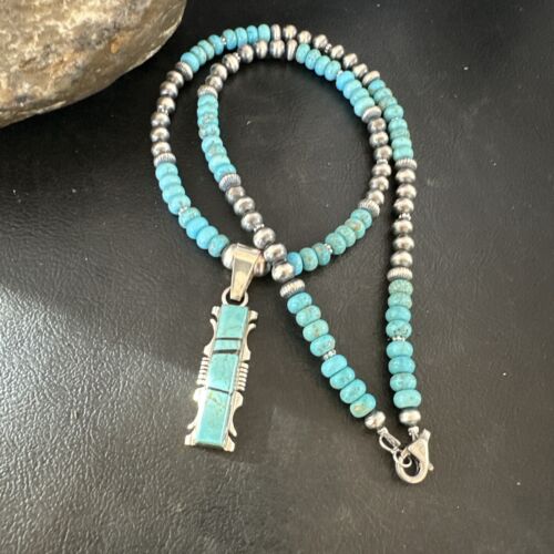 Men's and Women's Turquoise #8 Inlay Pendant Necklace | Navajo Sterling Silver | Authentic Native American Handmade | 17074