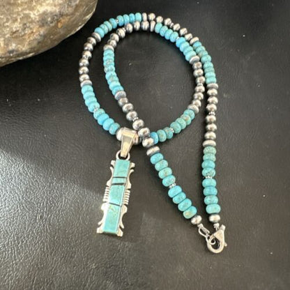 Men's and Women's Turquoise #8 Inlay Pendant Necklace | Navajo Sterling Silver | Authentic Native American Handmade | 17074