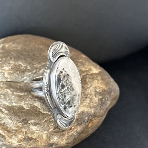 Navajo White Buffalo Turquoise Ring | Sterling Silver | Sz 8 | Authentic Native American Handmade | 14555