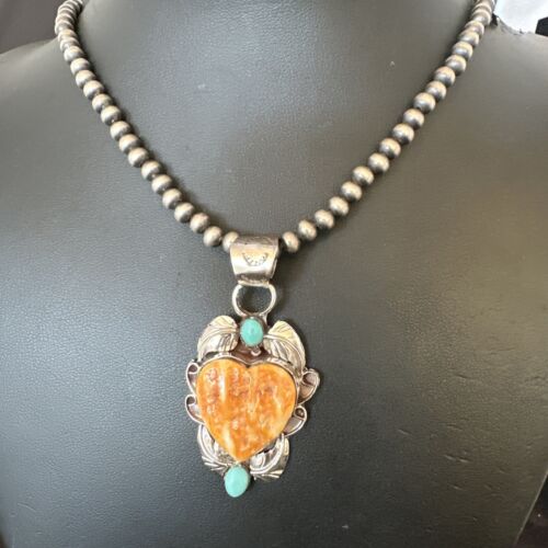 Navajo Spiny Oyster Heart Turquoise Pendant Necklace | Sterling Silver | Authentic Native American Handmade | 16456