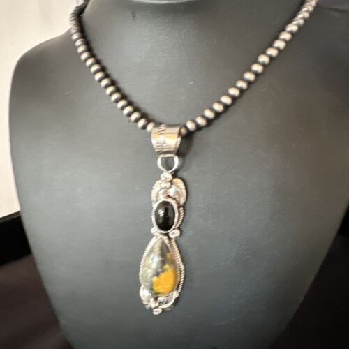 Men's Navajo Pearls Onyx Bumblebee Jasper Pendant | Sterling Silver | Multi-Stone Necklace | 15414