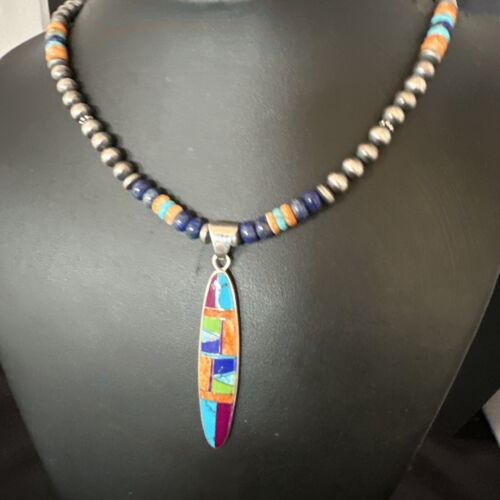 Navajo Spiny Oyster Turquoise Lapis Inlay Pendant Necklace | Sterling Silver | 21" | Authentic Native American Handmade | 16766