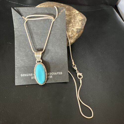 Navajo Blue Turquoise Pendant Necklace | Sterling Silver Chain | Authentic Native American Handmade | 20" | 12601