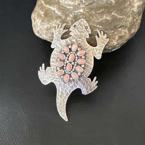 Handmade Stamped Navajo Pink Coral Horny Toad Pin | Authentic Native American Jewelry | 15669