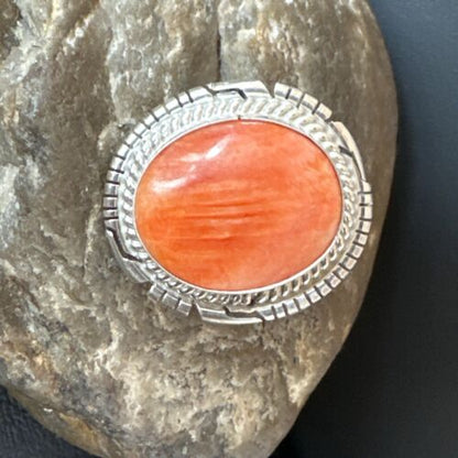 Navajo Orange Spiny Oyster Ring | Sterling Silver | Sz 8 | Authentic Native American Handmade | 16035