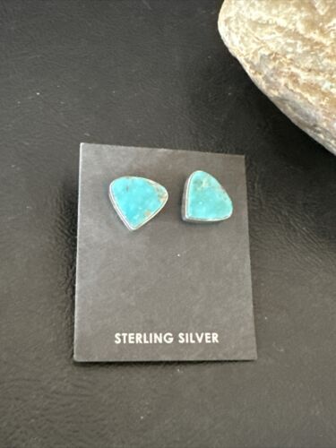 Navajo Blue Kingman Turquoise Post Stud Earrings | Sterling Silver | Authentic Native American Handmade | 17480