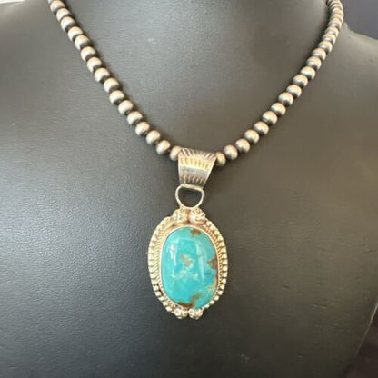 Navajo Pearls Kingman Turquoise Pendant Necklace | Sterling Silver | Authentic Native American Handmade | 17126