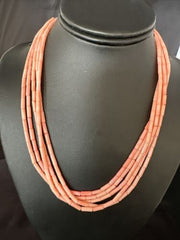 Navajo Pink Coral Tube Heishi Bead Necklace | 5-Strand Sterling Silver | 18" | Authentic Native American Handmade | 15278
