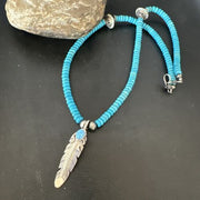 Men's Blue Turquoise Navajo Necklace | Sterling Silver Feather Opal Pendant | Native American Handmade | 17438