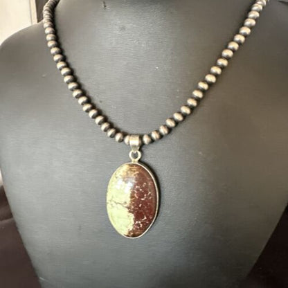 Navajo Green Gaspeite Pendant Necklace | Sterling Silver | Authentic Native American Handmade | 15480