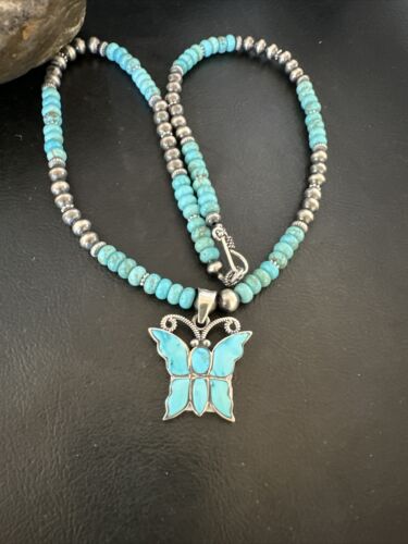 Navajo Butterfly Blue Ridge Turquoise Inlay Pendant | Sterling Silver Necklace | Authentic Native American Handmade | 17059