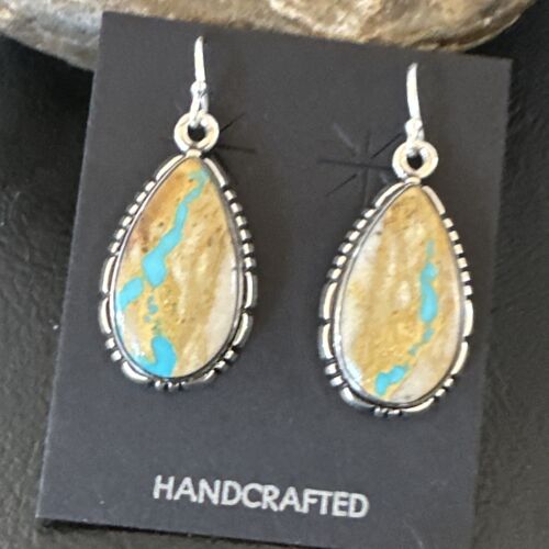 Navajo Blue Boulder Turquoise Dangle Earrings | Sterling Silver | Authentic Native American Handmade | 16497