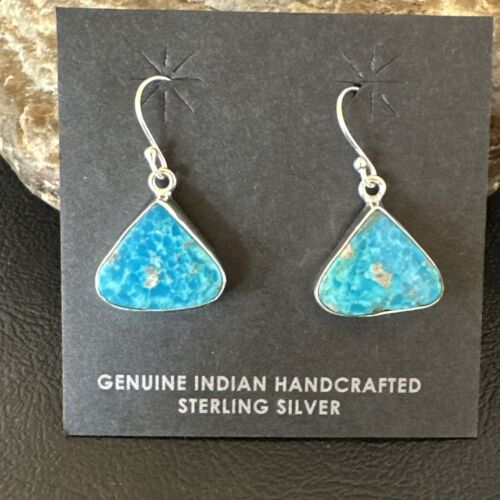 Blue Turquoise Dangle Earrings | Sterling Silver | 1" | Authentic Native American Handmade | 15802