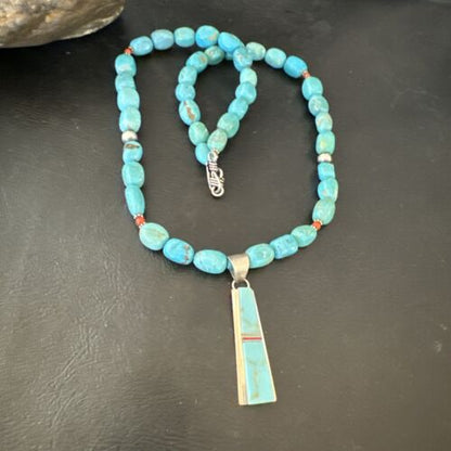 Navajo Blue Turquoise Inlay Pendant Necklace | Sterling Silver | 19" | Authentic Native American Handmade | 17491