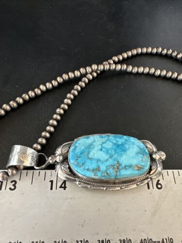 Navajo Blue Kingman Turquoise Pendant Necklace | Sterling Silver | Authentic Native American Handmade | 14861