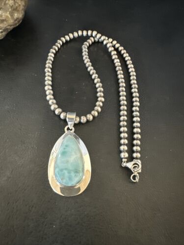 Navajo Blue Larimar Pendant Necklace | Sterling Silver Beads | Authentic Native American Handmade | 17567