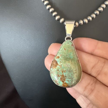 Navajo Green Turquoise Pendant Necklace | Sterling Silver | Authentic Native American Handmade | 15020